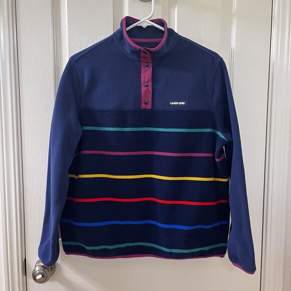 Lands' End Fleece Snap Neck Pullover Navy Blue Colorful Striped Women's Size M - Picture 1 of 10